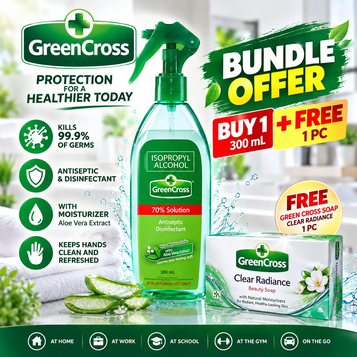 GREEN CROSS 70% ISO. W/ MOIST 300ML + 1PC GC SOAP CLEAR RADIANCE
