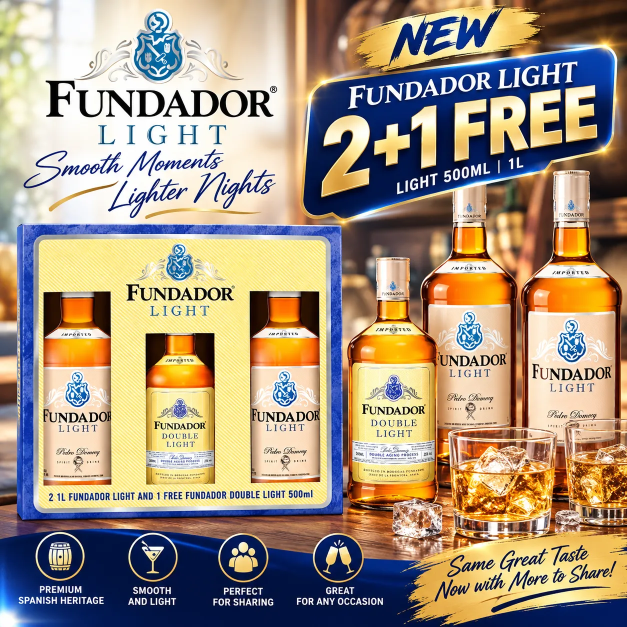 NEW FUNDADOR LIGHT 2+1 FREE LIGHT 500ML 1L 4